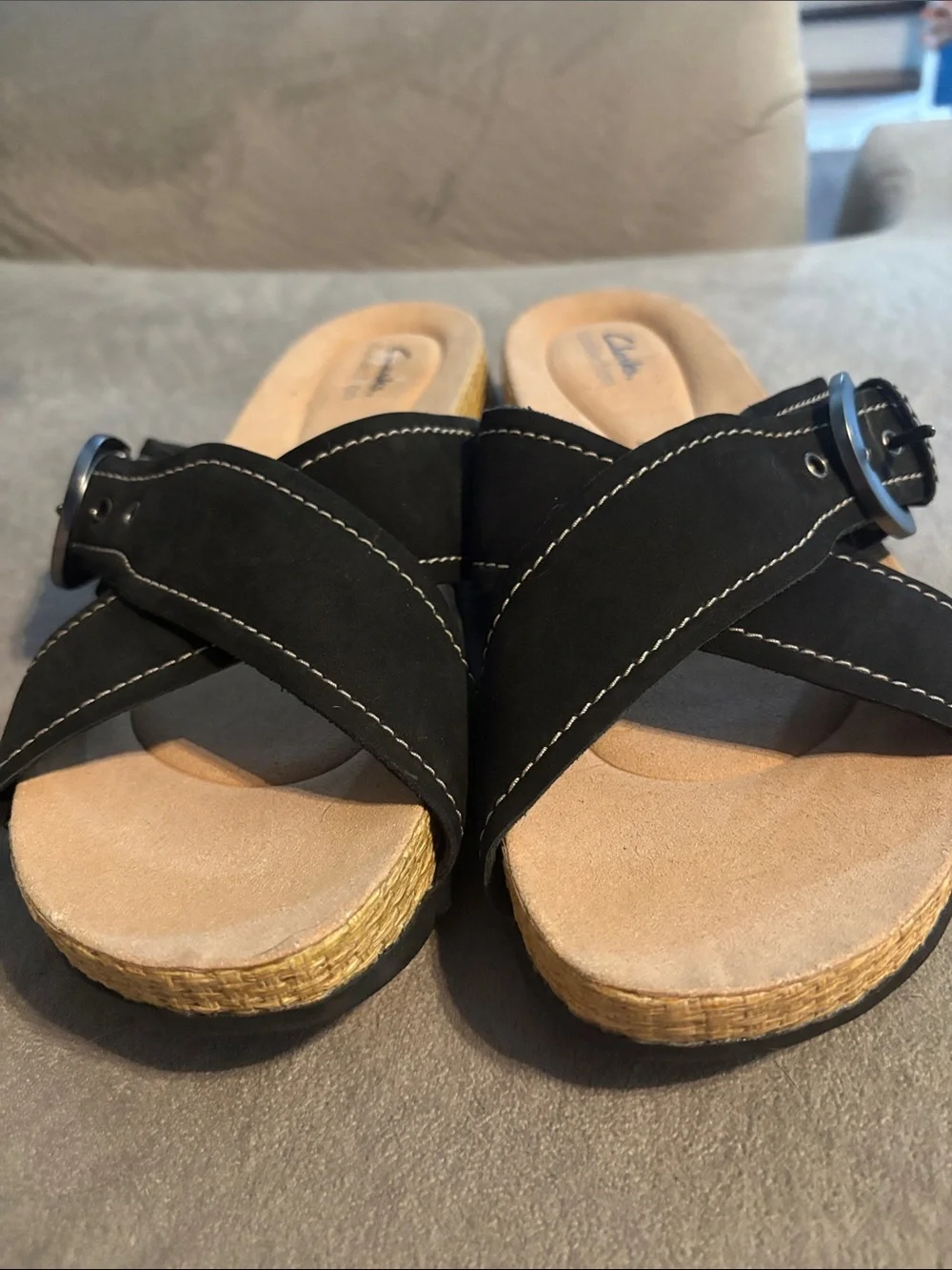 Clarks Black Cross-Band Slide Sandals with Buckle NWOT